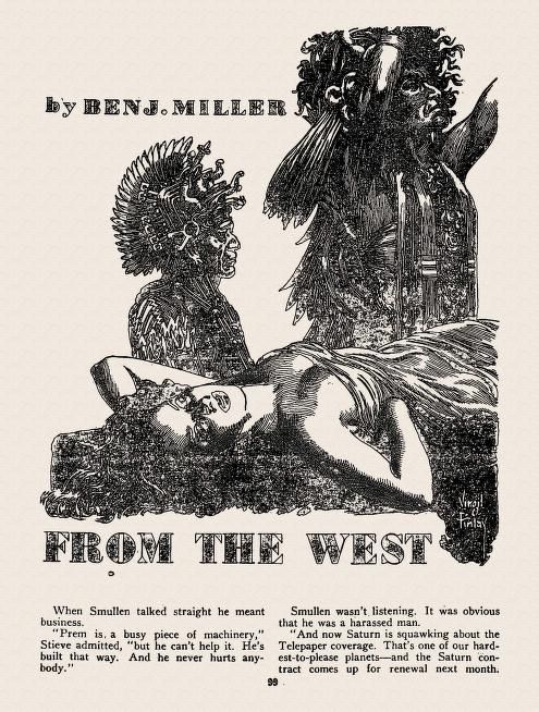 Virgil Finlay's visual Art Virgil Finlay, Monsters from the West (right side) by Benj. Miller. Thrilling Wonder Stories 49-02, p.99.