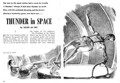Virgil Finlay's visual Art Virgil Finlay, Thunder in Space by Lester Del Rey, Amazing Stories 62-06, pp.8-9.