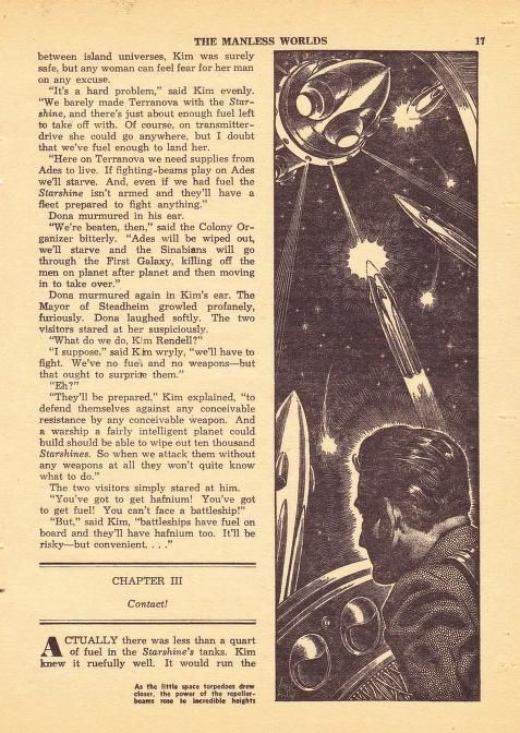 Virgil Finlay's visual Art Virgil Finlay, The Manless Worlds by Murray Leinster, Thrilling Wonder Stories 47-02, p.17.