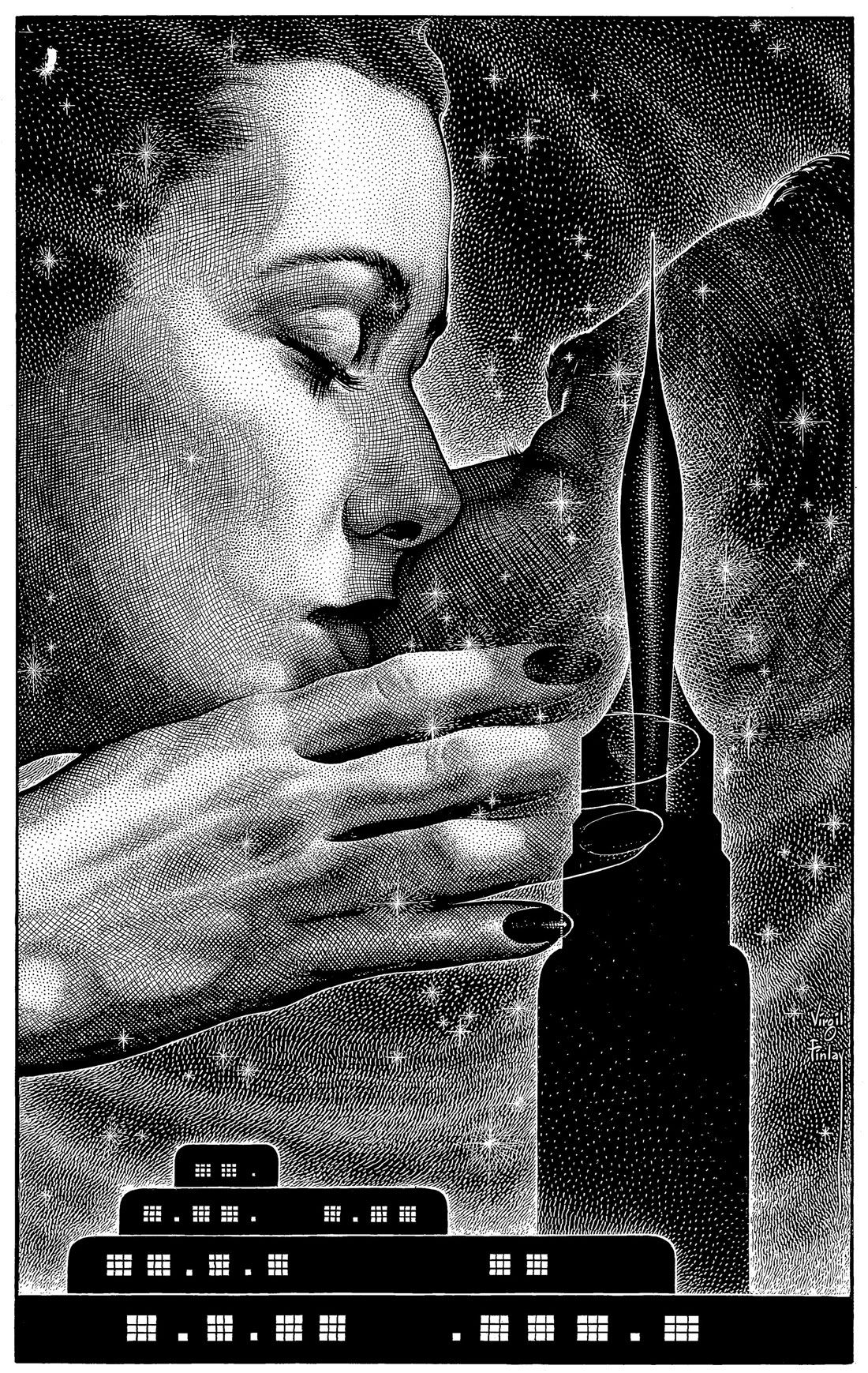 Virgil Finlay's visual Art This image was chosen for the 2020 Virgil Finlay calendar (May) as Cosmic Kiss. Virgil Finlay, The Time Masters by Wilson Tucker, Startling Stories 54-01, p.19.