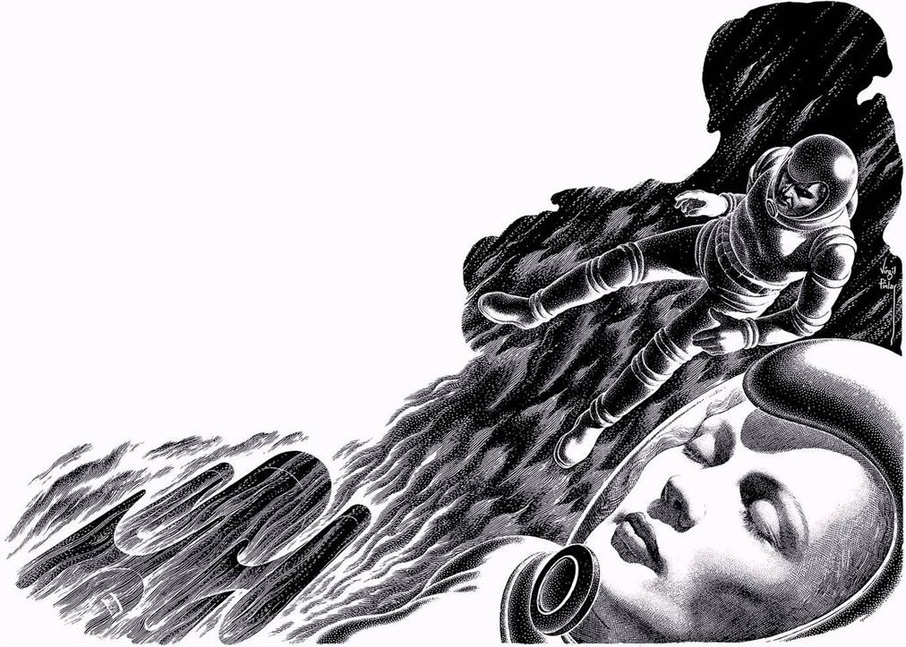 Virgil Finlay's visual Art Virgil Finlay, The Time Masters by Wilson Tucker, Startling Stories 54-01. Blurb: They were lost on an alien planet---Earth---and nothing could bring this man and woman together!