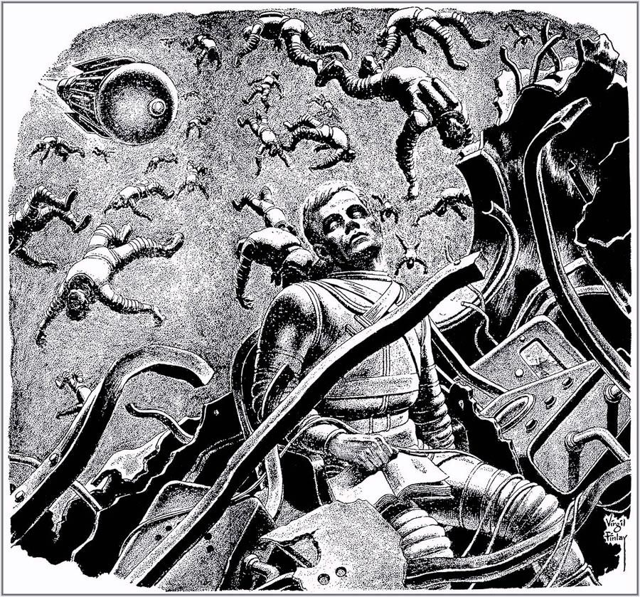 Virgil Finlay's visual Art Virgil Finlay, A Taste of Fire by Lloyd Biggle, Jr., Amazing Stories 59-08, P.50.