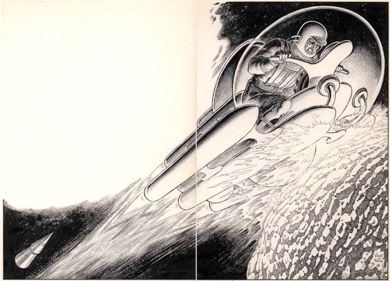Virgil Finlay's visual Art Virgil Finlay, Space sled. Rider in the Sky by Raymond F. Jones, Thrilling SF 73-04, Pp.4-5. Reprinted from Amazing Stories 64-11.