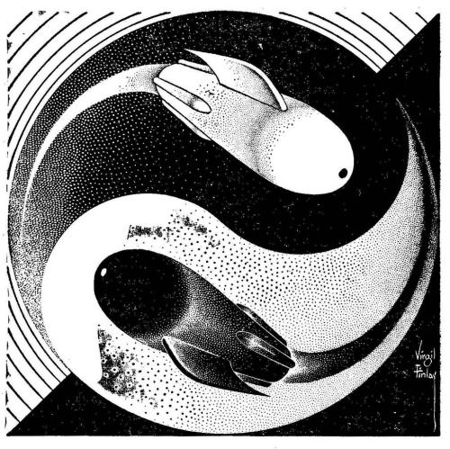 Virgil Finlay's visual Art Virgil Finlay, Problem in Geometry by T.P. Caravan, Science Stories V1N4, 54-04, P.109.