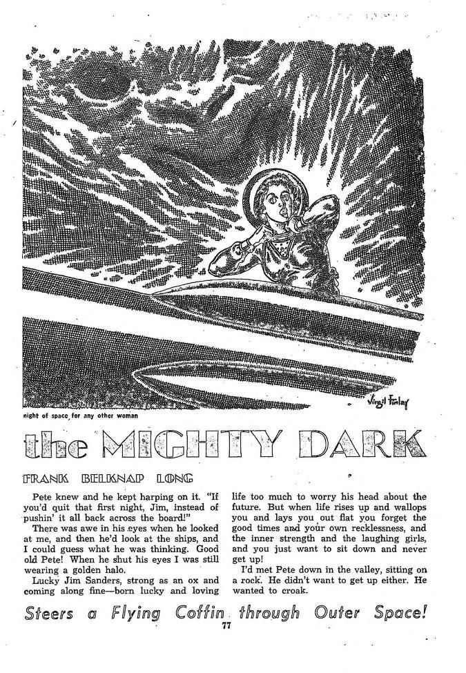 Virgil Finlay's visual Art Virgil Finlay, And We Sailed the Mighty Dark (right side) by Frank Belknap Long, Startling Stories 48-03, p.77.
