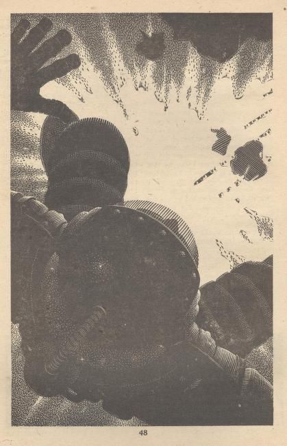 Virgil Finlay's visual Art Virgil Finlay, A Step Farther Out by Raymond Z. Gallun, Super Science Stories 50-03, p.48.