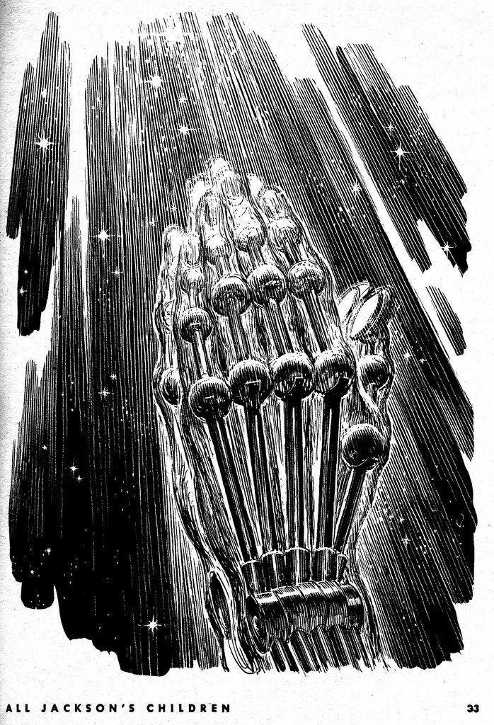 Virgil Finlay's visual Art Virgil Finlay, All Jackson's Children by Daniel F. Galouye, Galaxy 57-01, P.33.