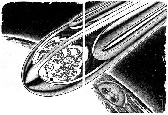 Virgil Finlay's visual Art Virgil Finlay, Let Me Live in a House by Chad Oliver, Universe SF 54-03, pp.28-29.