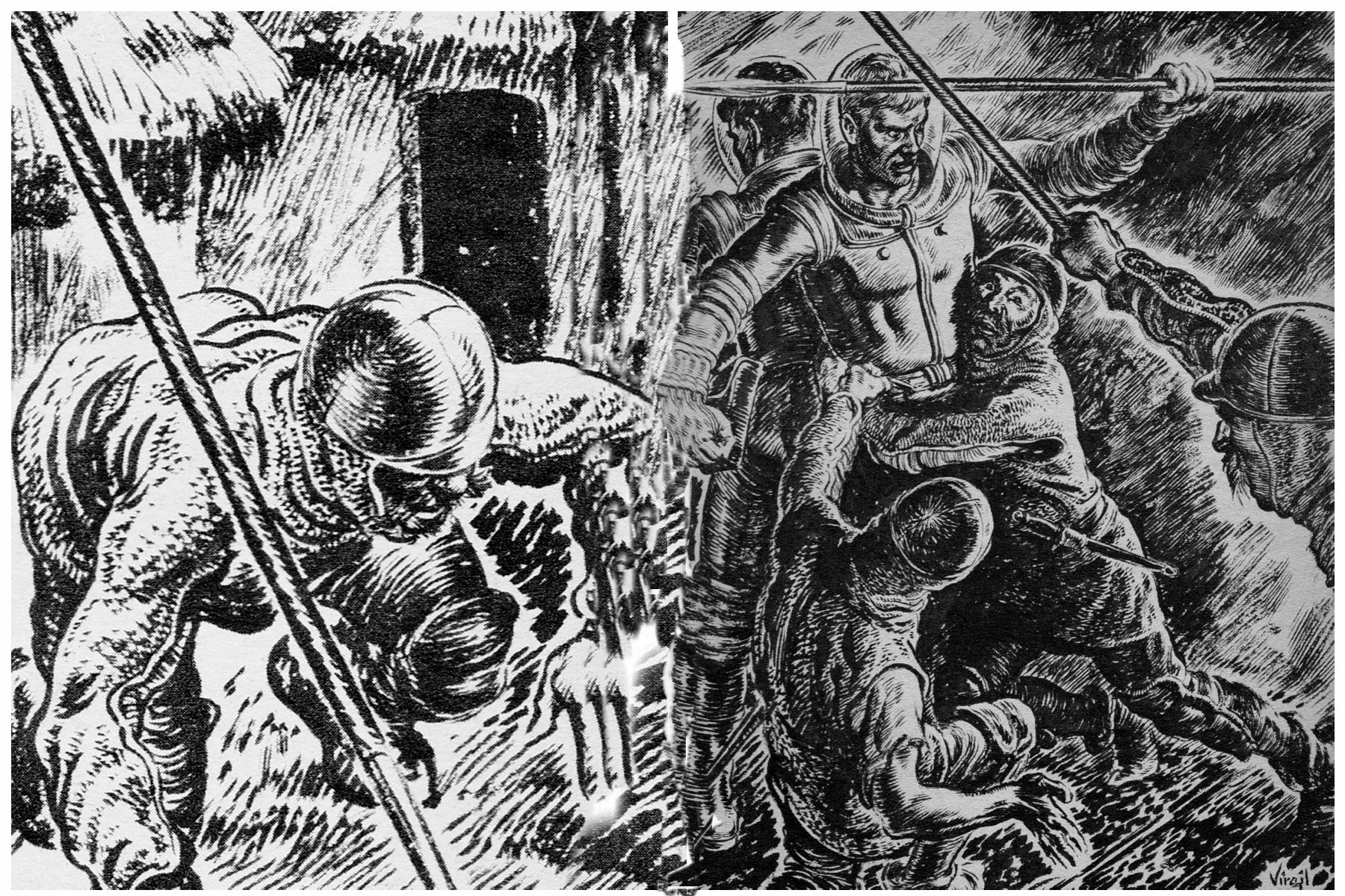 Virgil Finlay's visual Art Virgil Finlay,  Planeteer By Fred Saberhagen Galaxy, Galaxy 61-04, Pp.24-25, cropped. (The pin is from the British Edition, so it may have been published this way.)