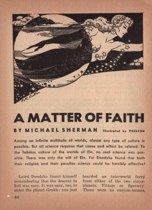 Peter Poulton's Covers Art Peter Poulton, A Matter of Faith by Michael Sherman, Space Science Fiction 52-09, p.66.