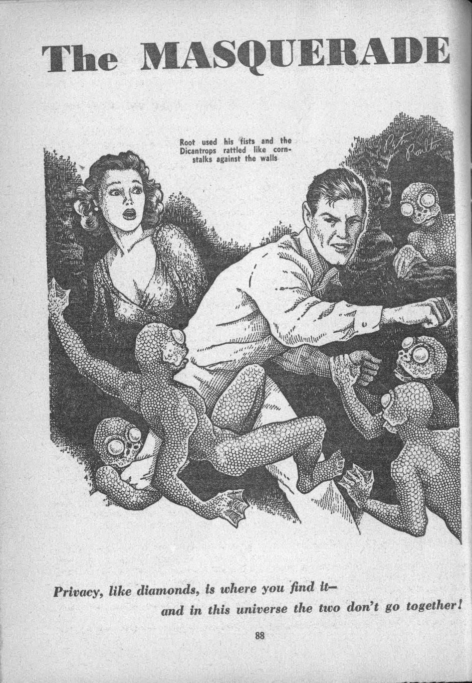 Peter Poulton's Covers Art Peter Poulton, The Masquerade on Dicantropus by Jack Vance, Startling Stories 51-09, p.88.