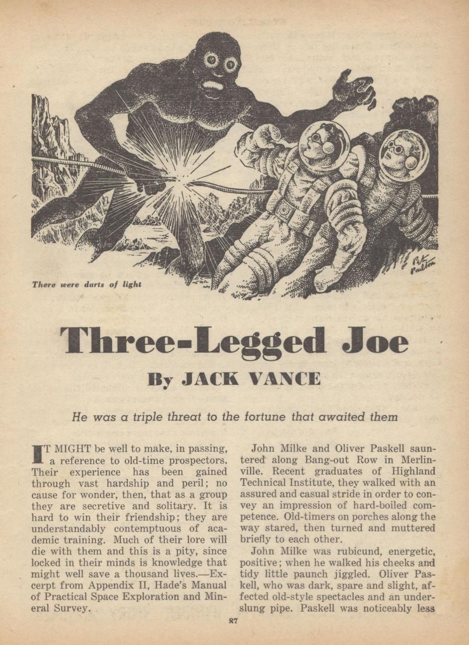 Peter Poulton's Covers Art Peter Poulton, Three-Legged Joe by Jack Vance, Startling Stories 53-01, p.87.