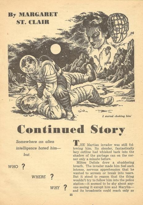 Peter Poulton's Covers Art Peter Poulton, Continued Story by Margaret St. Clair, Space Stories 52-10, p.55.
