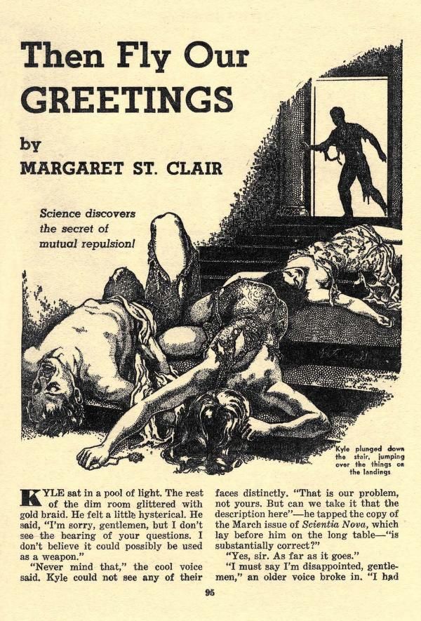 Peter Poulton's Covers Art Peter Poulton, Then Fly Our Greetings by Margaret St. Clair, Startling Stories 51-03, p.95.