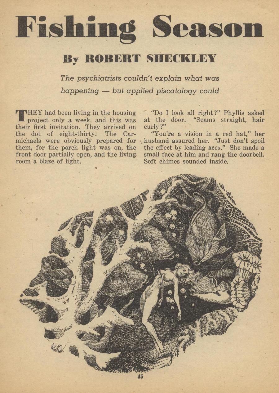 Peter Poulton's Covers Art Peter Poulton, Fishing Season by Robert Sheckley, Thrilling Wonder Stories 53-08, p.45.