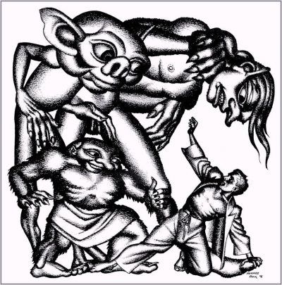 Hannes Bok's Covers Art Hannes Bok, The Goblins Will Get You by Hugh Raymond (John B. Michel), Stirring Science Stories 42-03, p.45.