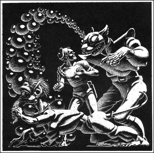 Hannes Bok's Covers Art Hannes Bok, Planet Leave by Clifton B. Kruse, Cosmic Stories V1N1, 41-03, p.77. Caption: The Frogman said he could show Nels Sundgren a good time on the planet of Ujikee, but he should have added smelly too!