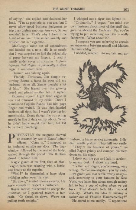 Hannes Bok's Covers Art Hannes Bok, His Aunt Thiamin by Alan Barrister (John B. Michel), Super Science Stories 42-11, p.101.