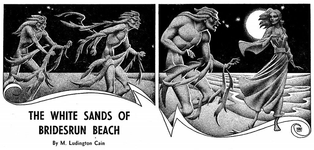 Hannes Bok's Covers Art The White Sands of Bridesrun Beach by M. Ludington Cain, Fantastic Novels 51-06, Pp.70-71.