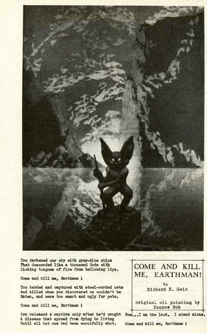 Hannes Bok's Covers Art Hannes Bok, Come and Kill Me, Earthman! by Richard E. Geis, back cover for Destiny No. 10, 1954.