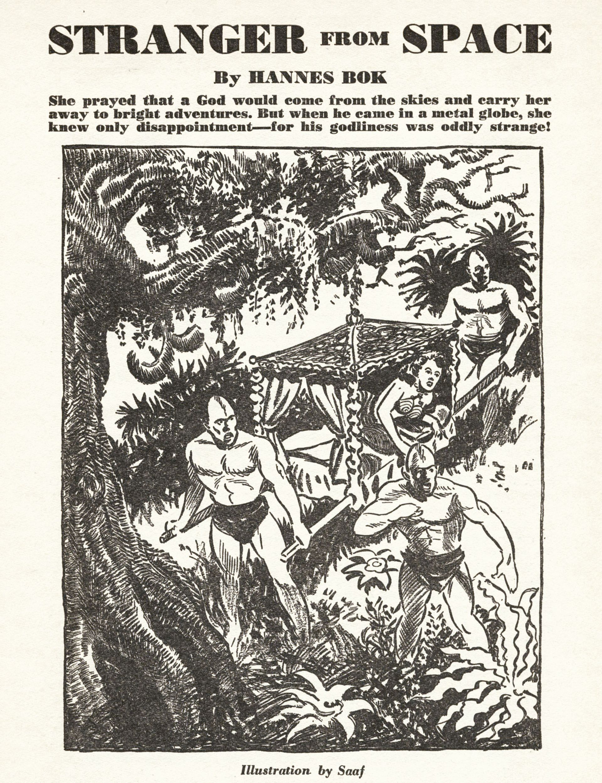 Hannes Bok's Covers Art Hannes Bok (author), Stranger from Space, illustrated by Saaf, Planet Stories 43-05, P.73.