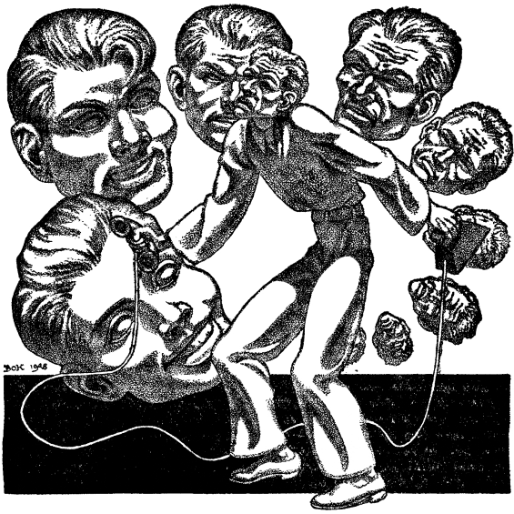 Hannes Bok's Covers Art Hannes Bok, I, Mars by Ray Bradbury, Super Science Stories 49-04, p.35. Caption: Alone on Mars, yet not alone...For old Barton's younger selves lived on, hating, tormenting him for his living proof that their hopes were dead!