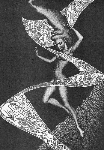 Hannes Bok's Covers Art Hannes Bok, The Golden Road by Cecil Corwin (C.M. Kornbluth), Stirring SF 42-03, p.34. Blurb: While mysterious voices thunder from the skies and a Name is etched in lightening, Colt fights the battle of Good and Evil high up among the mapless mountains at the roof of the world.