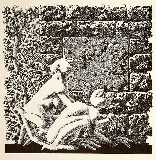 Hannes Bok's Covers Art Hannes Bok, The Shadow Over Innsmouth (left side) by H.P. Lovecraft, Weird Tales 42-01, p.6.