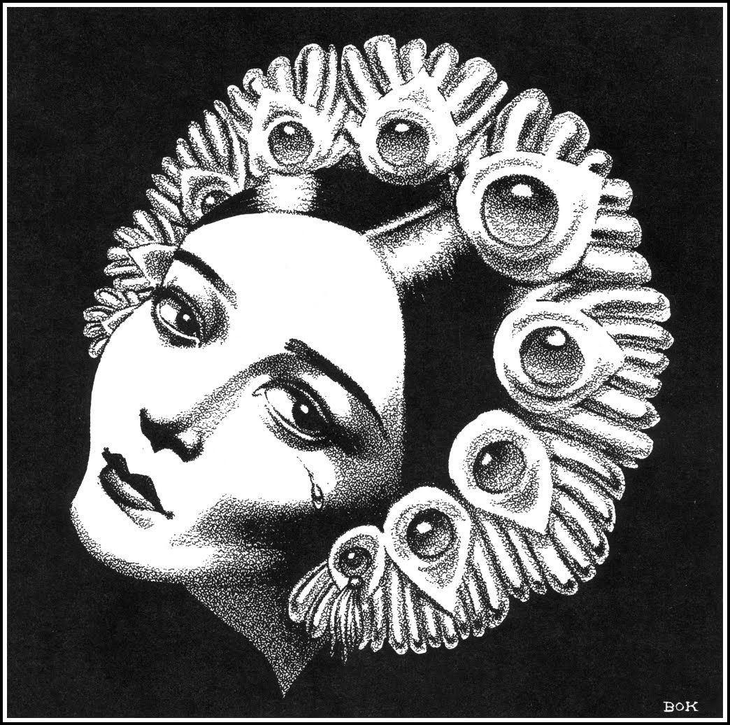 Hannes Bok's Covers Art Hannes Bok, By What Mystic Mooring by Frank Owen, Weird Tales V34N9, 41-05, P.41. Caption: She turned her face to his, and the tears glistened like stardust.