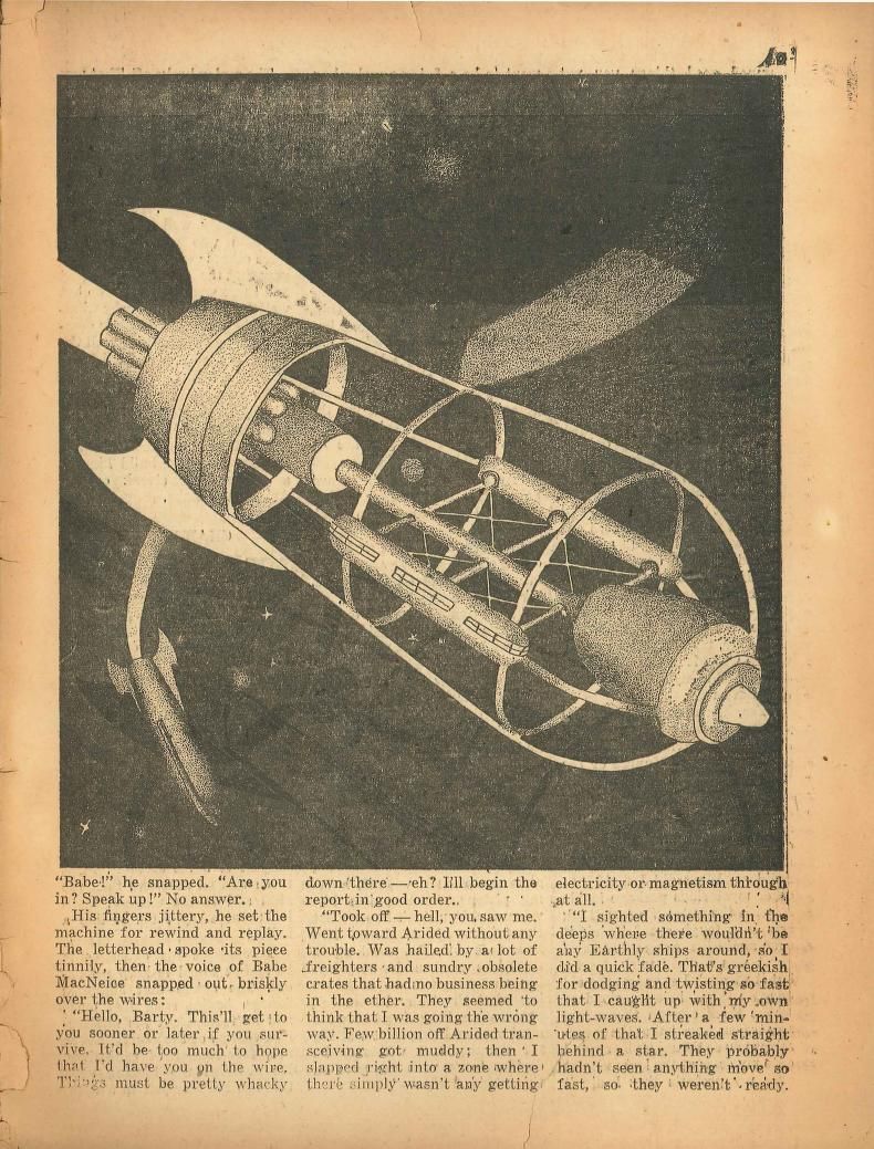 Hannes Bok's Covers Art Hannes Bok, The Perfect Invasion by S.D. Gottesman (C.M. Kornbluth), Stirring Science Stories 42-03, p.9.
