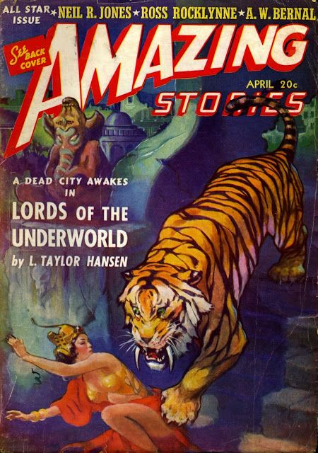 Ed Valigursky Amazing Stories Covers Art J. Allen St John, Amazing Stories 41-04, Lords of the Underworld by L. Taylor Hansen.
