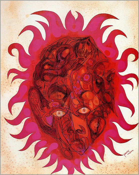 Richard M. Powers's visual Art Richard Powers, Out of Their Minds by Clifford D. Simak, 1970. Virtually everything inside the flames was obscured by the book title.