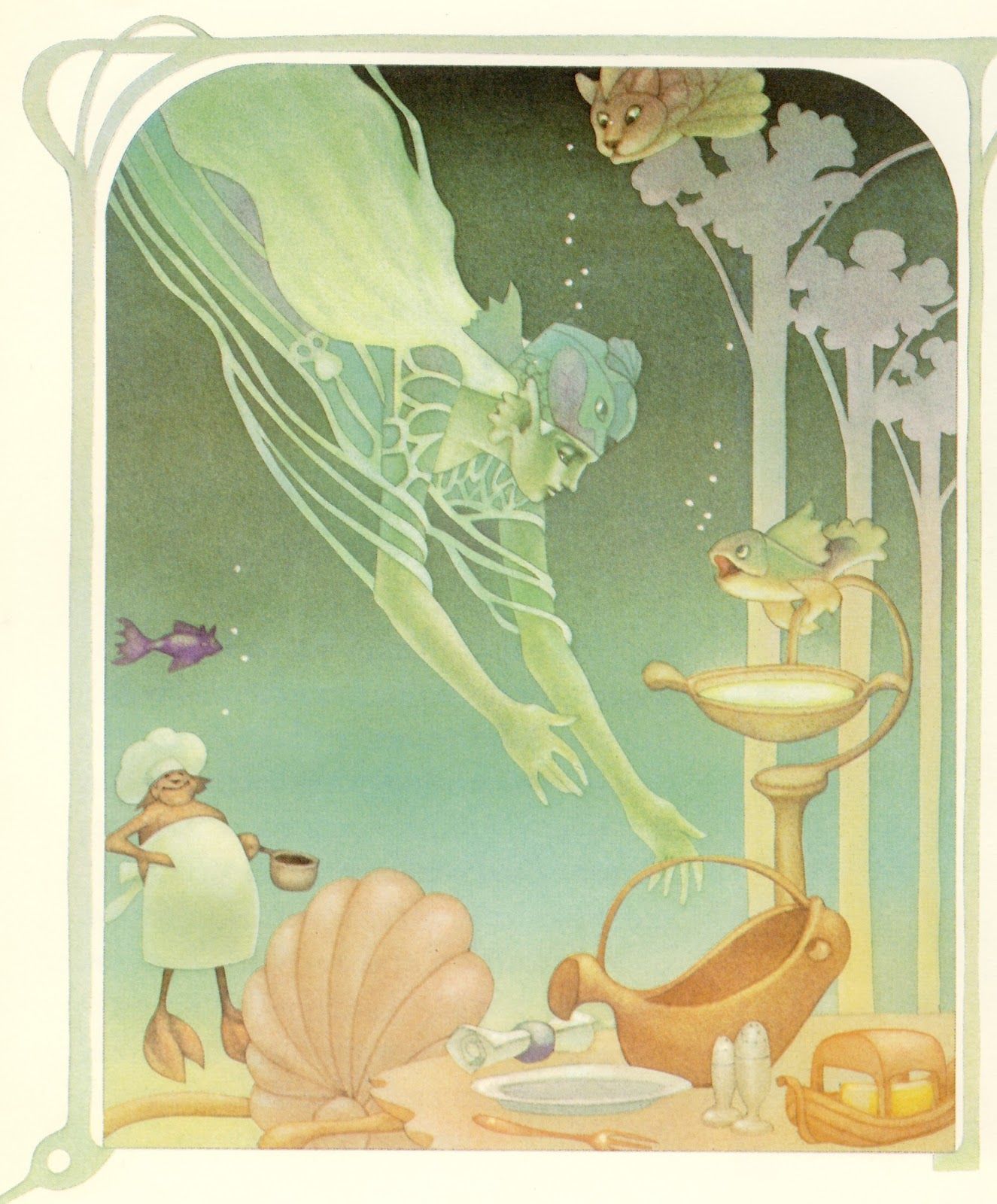 Leo and Diane Dillon's visual Art translucent sea green robe with opaque cream white lines where butterfly veins or creases would be THE PROCELAIN CAT - UNDINE - LEO AND DIANE DILLON