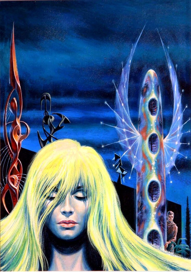 Ed Emshwiller's visual Art Emsh, Eyes closed.  The Singing Statues by J.G. Ballard, Fantastic 62-07.