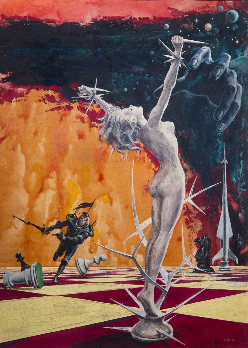 Ed Emshwiller's visual Art Emsh, Infinity SF 56-10, The Silver Corridors by Harlan Ellison.