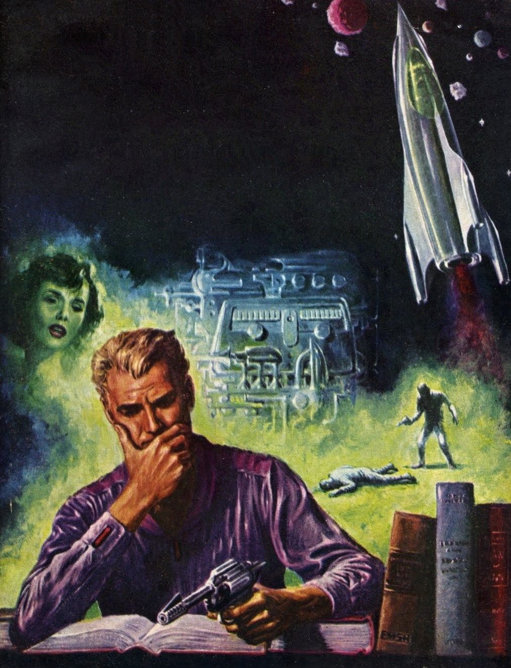 Ed Emshwiller's visual Art Emsh, Murder in Space by David V. Reed 1954.