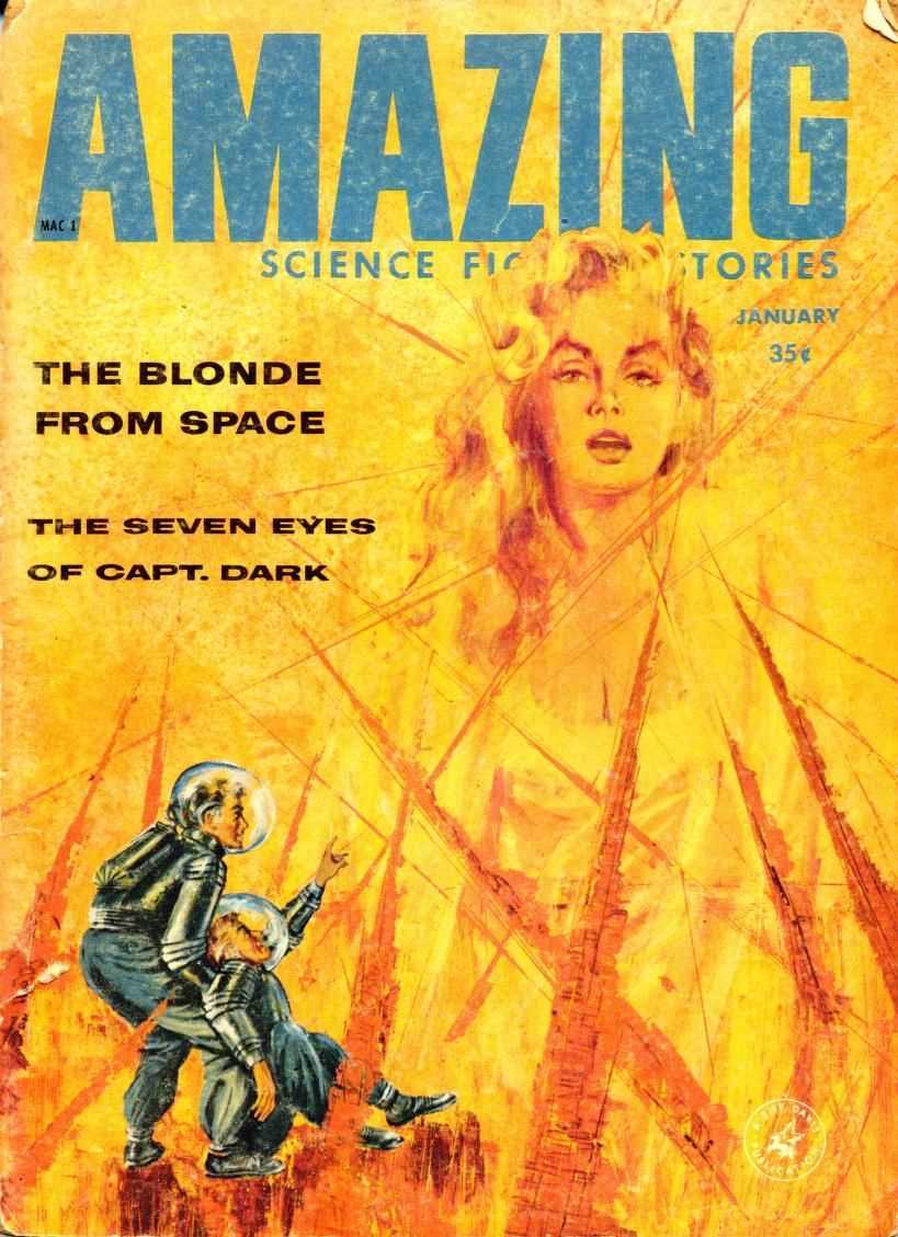 Ed Valigursky Amazing Stories Covers Art Gabe Keith, Amazing Stories 59-01, The Blonde from Space by Henry Slesar.