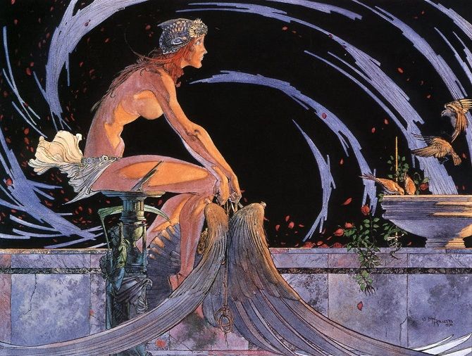 Michael Kaluta's visual Art Icarus Had a Sister by Michael Kaluta, 1976.