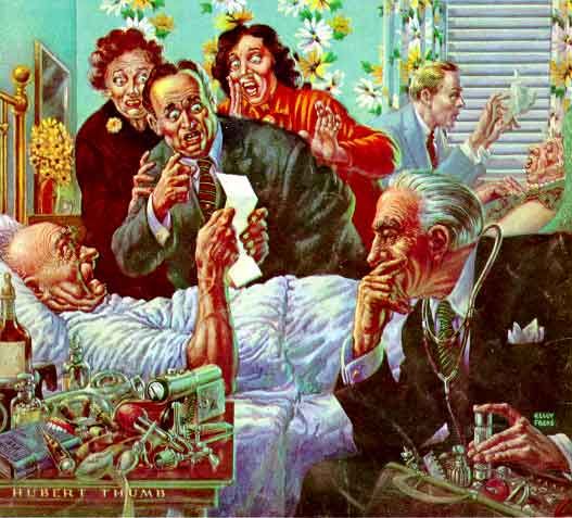 Kelly Freas's visual Art Kelly Freas, Presenting the bill. KF doing Norman Rockwell.