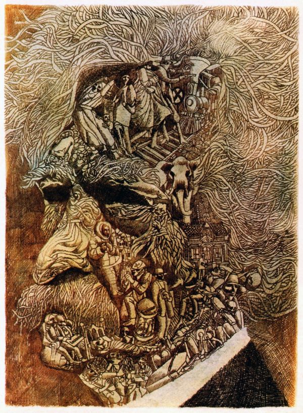 Leo and Diane Dillon's visual Art Leo & Diane Dillon, cover art for a story collection by Mark Twain.