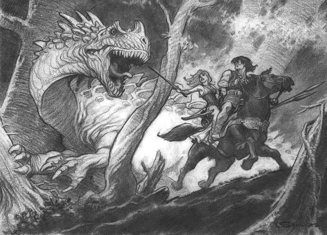 Mark Schultz's visual Art Mark Schultz, Conan, Valeria, and the dragon from R.E. Howard's Red Nails.