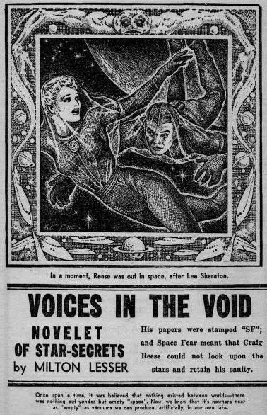 Peter Poulton's Covers Art Peter Poulton, Voices in the Void by Milton Lesser, Future SF 51-11, p.50.
