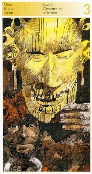 Sergio Toppi's visual Art Three of Jewels (= Pentacles) Sergio Toppi. Tarot of the Origins