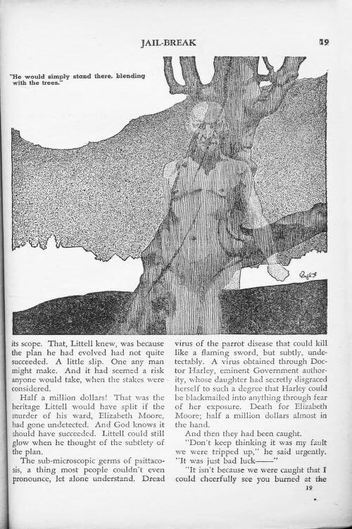 Virgil Finlay for Weird Tales 's visual Art Virgil Finlay, Jail-Break by Paul Ernst, Weird Tales 37-07, p.19.