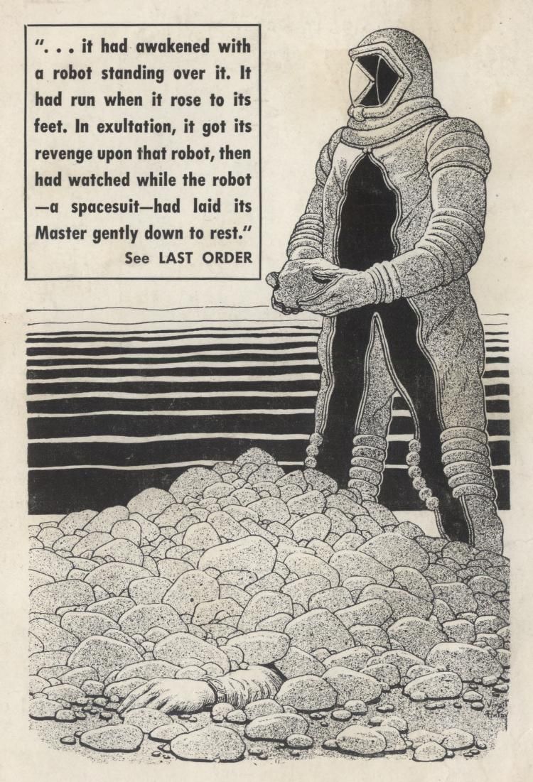 Virgil Finlay's visual Art Virgil Finlay, Last Order by Gordon Walters, Fantastic 64-01, back cover.