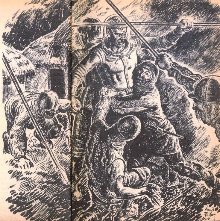 Virgil Finlay's visual Art Virgil Finlay, Planeteer by Fred Saberhagen, Galaxy 61-04, pp.24-25.