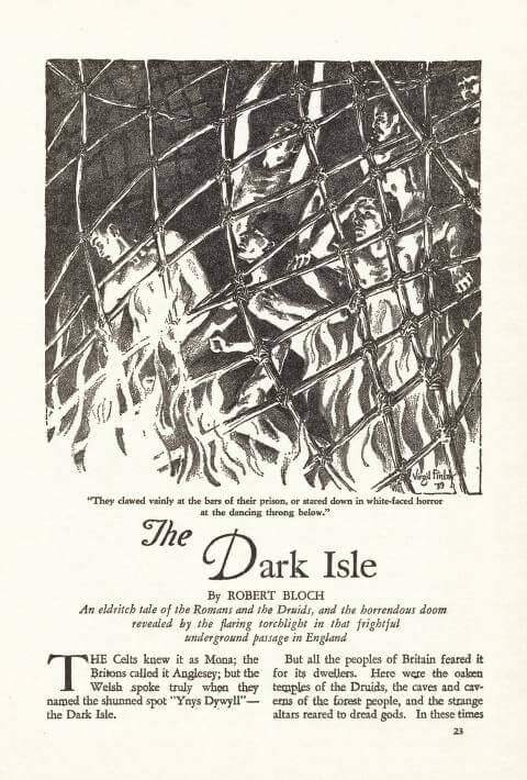 Virgil Finlay for Weird Tales 's visual Art Virgil Finlay, The Dark Isle by Robert Bloch, Weird Tales 39-05, p.23.