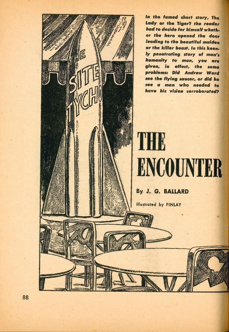 Virgil Finlay's visual Art Virgil Finlay, The Encounter by J.G. Ballard, Amazing Stories 63-07, p.88.