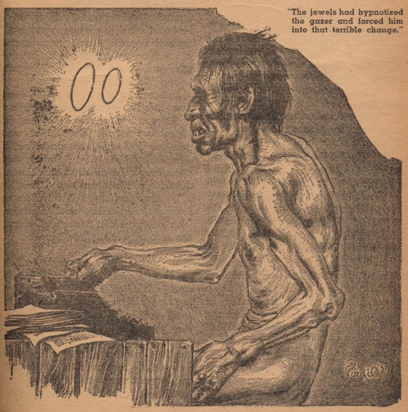 Virgil Finlay for Weird Tales 's visual Art Virgil Finlay, The Eyes of the Mummy by Robert Bloch, Weird Tales 38-04.