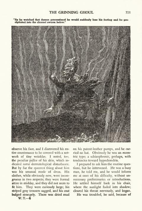 Virgil Finlay for Weird Tales 's visual Art Virgil Finlay, The Grinning Ghoul by Robert Bloch, Weird Tales 36-06.